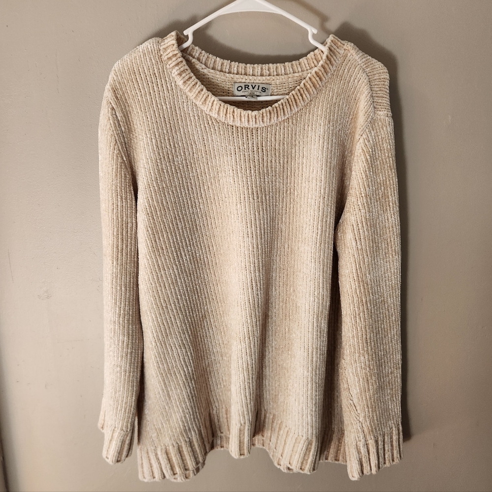 Orvis Chenille Beige Hygge Crew Neck Knit Sweater Soft Cozy Warm Neutral Earthy